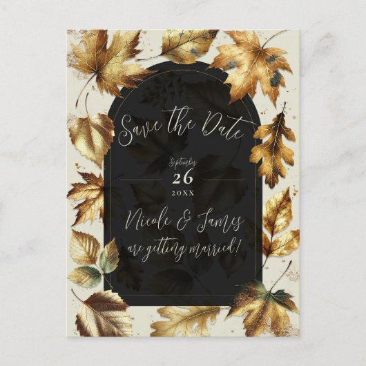 Goud Bladeren Amandelen & Beige Black Glam Fall We Aankondigingskaart (Voorkant)