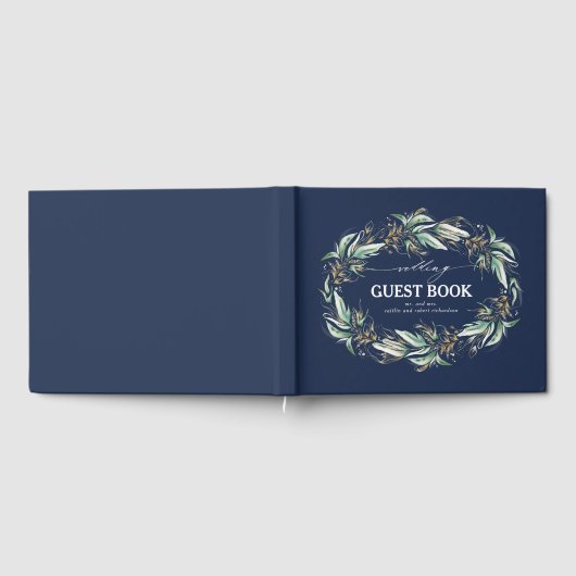 Goud bladeren groen krans marine blauw bruiloft gastenboek (Volledig)
