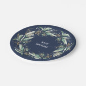 Goud bladeren groen marineblauw bruiloft papieren bordje (Gekanteld)