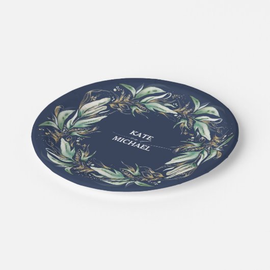 Goud bladeren groen marineblauw bruiloft papieren bordje (Gekanteld)