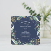 Goud bladeren groen marineblauw bruiloft programmakaart (Staand voorkant)