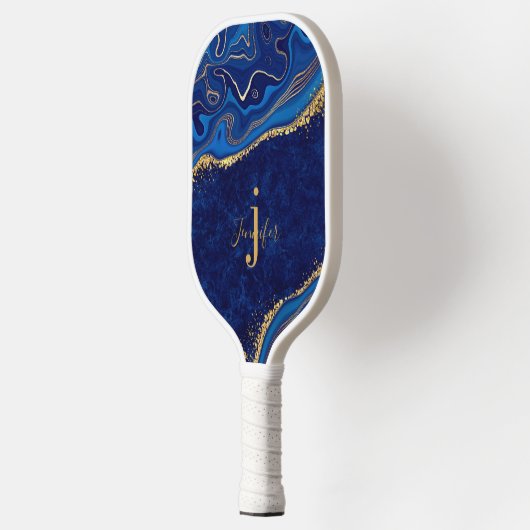 Goud Blauw Aangepaste Naam Monogram Pickleball Pad Paddle (Links)