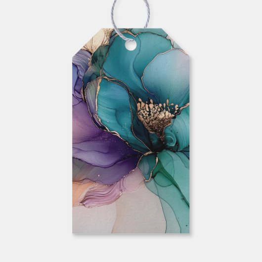 Goud Blauw Aqua Paars Bloem Bruiloft Feest Cadeaulabel (Achterkant)