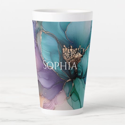 Goud Blauw Aqua Paarse Bloem Bruiloft Latte Mok (Voorkant)