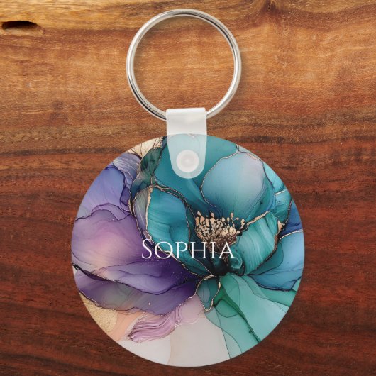Goud Blauw Aqua Paarse Bloem Bruiloft Sleutelhanger (Voorkant)