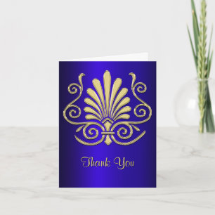 Goud Blauw Art Deco Damast Dank Je Wel Bedankkaart