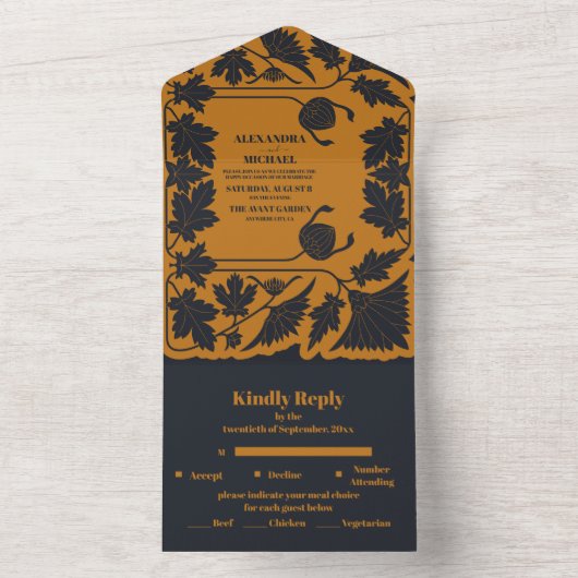 Goud Blauw Art Nouveau Bruiloft All In One Uitnodiging (Binnen)