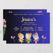 Goud Blauw Ballerina Kat Kids Verjaardagsfeest Kaart (Voorkant / Achterkant)