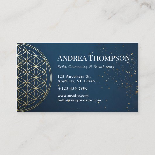 Goud & Blauw Bloem van het leven, Reiki, Channelin Visitekaartje (Achterkant)