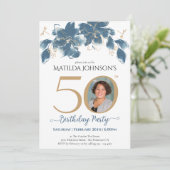 Goud Blauw Bloemen Custom Foto 50e Verjaardag Kaart (Staand voorkant)