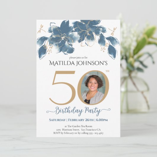 Goud Blauw Bloemen Custom Foto 50e Verjaardag Kaart (Staand voorkant)