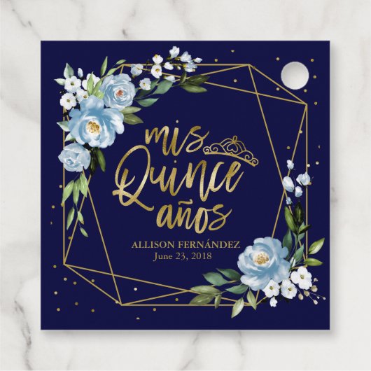 Goud Blauw Bloemen Quinceanera Bedankjes Labels (Achterkant)