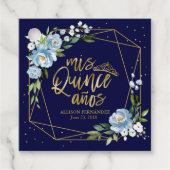 Goud Blauw Bloemen Quinceanera Bedankjes Labels (Voorkant)
