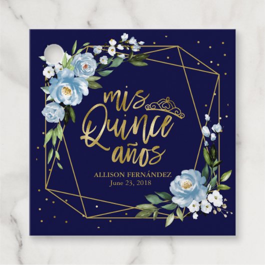 Goud Blauw Bloemen Quinceanera Bedankjes Labels (Voorkant)