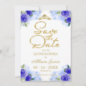 Goud Blauw Bloemen Quinceanera Save The Date Kaart (Voorkant)