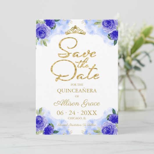 Goud Blauw Bloemen Quinceanera Save The Date Kaart (Staand voorkant)