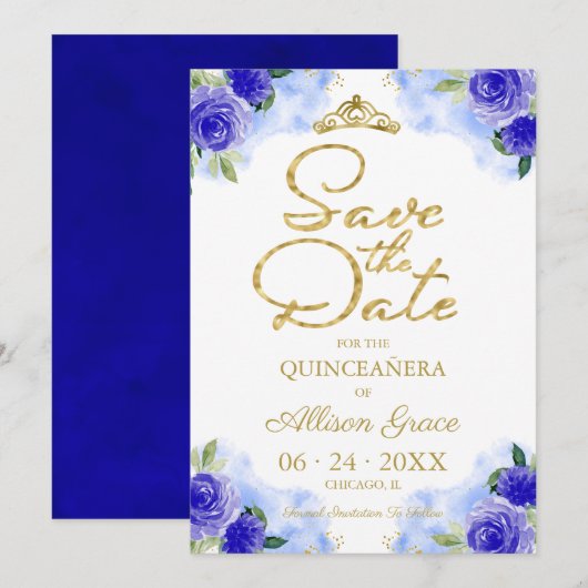 Goud Blauw Bloemen Quinceanera Save The Date Kaart (Voorkant / Achterkant)