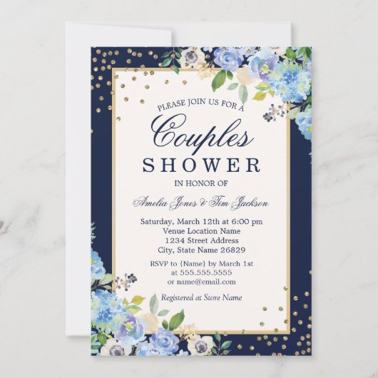 Goud Blauw Bloemen Sparkle Koppels Douche Kaart (Voorkant)