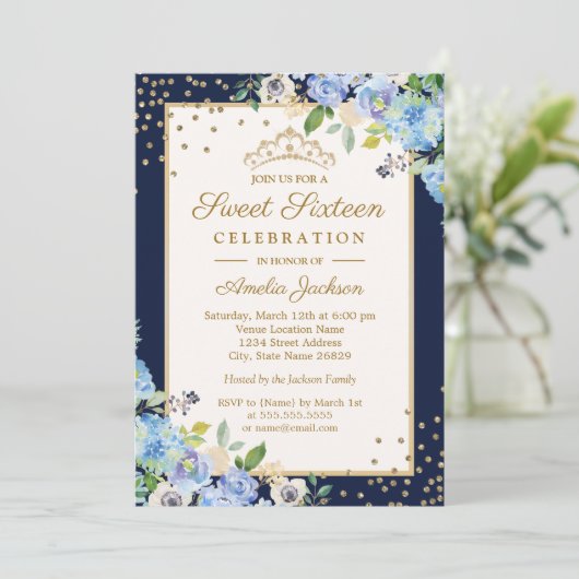 Goud Blauw Bloemen Sparkle Sweet Sixteen Uitnodige Kaart (Staand voorkant)