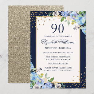 Goud Blauw bloemig Glitter 90ste Verjaardags Uitno Kaart
