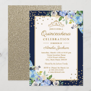 Goud Blauw bloemige Sparkle Quinceanera Kaart