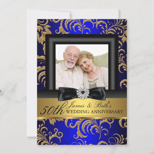 Goud Blauw Bloemstuk Foto 50ste Huwelijksverjaarda Kaart (Voorkant)