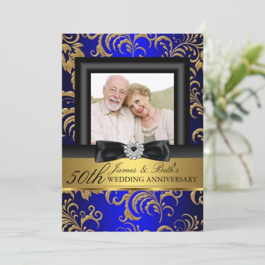 Goud Blauw Bloemstuk Foto 50ste Huwelijksverjaarda Kaart (Staand voorkant)