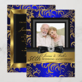 Goud Blauw Bloemstuk Foto 50ste Huwelijksverjaarda Kaart (Voorkant / Achterkant)