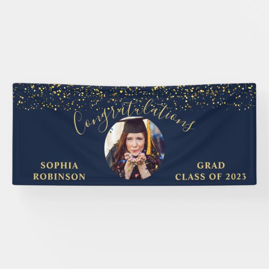 Goud Blauw Custom Foto Graduation Party Spandoek (Horizontaal)