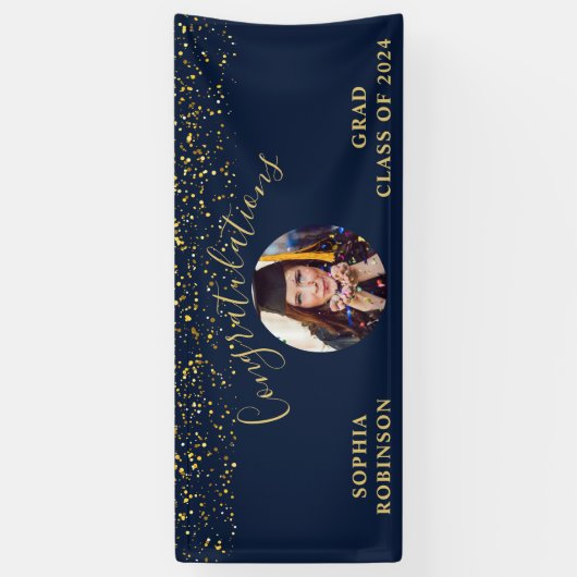Goud Blauw Custom Foto Graduation Party Spandoek (Verticaal)