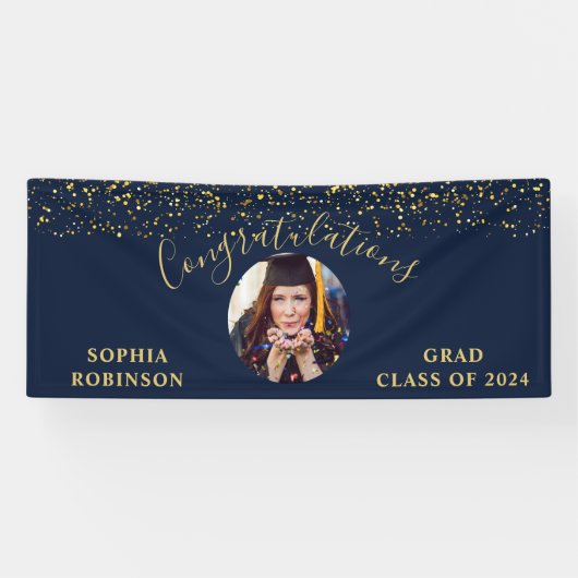 Goud Blauw Custom Foto Graduation Party Spandoek (Horizontaal)