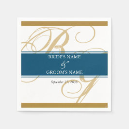 Goud Blauw Elegant Script Monogram Huwelijk Servet