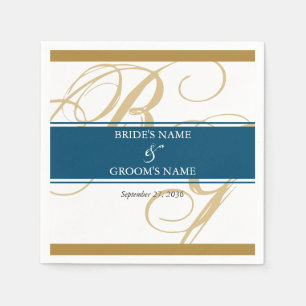 Goud Blauw Elegant Script Monogram Huwelijk Servet