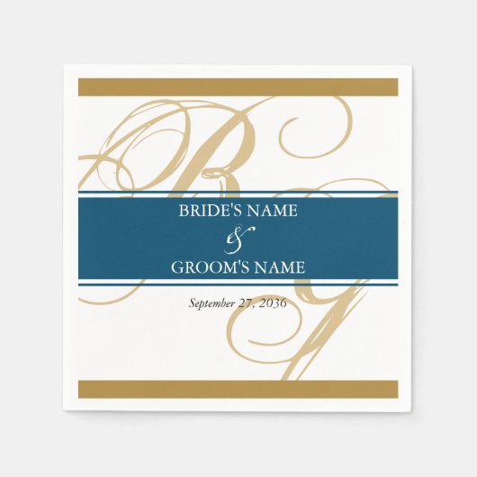Goud Blauw Elegant Script Monogram Huwelijk Servet (Voorkant)