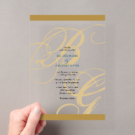 Goud Blauw Elegant Script Monogram Trouwfeest Acryl Uitnodigingen
