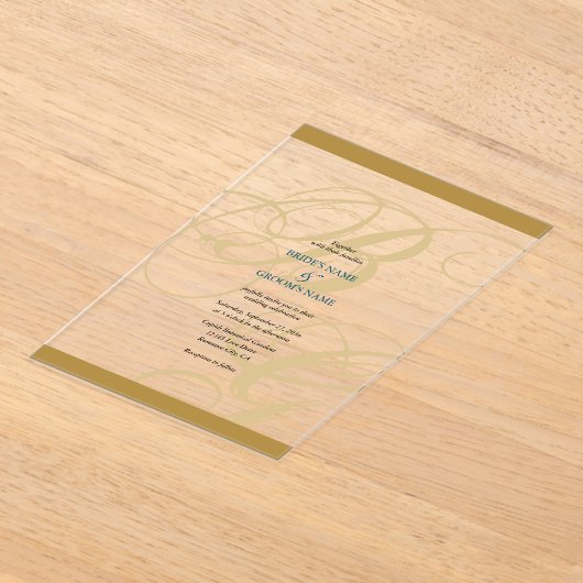 Goud Blauw Elegant Script Monogram Trouwfeest Acryl Uitnodigingen (Laagn)