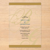 Goud Blauw Elegant Script Monogram Trouwfeest Acryl Uitnodigingen (Voorkant)