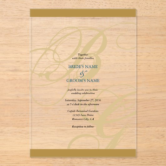Goud Blauw Elegant Script Monogram Trouwfeest Acryl Uitnodigingen (Voorkant)