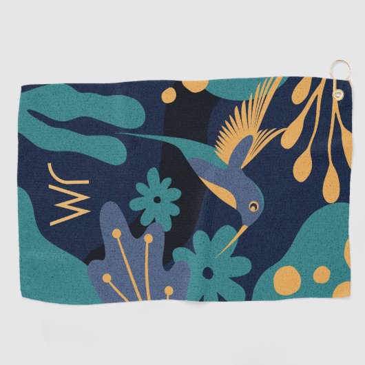  goud, blauw en turquoise kolibrie golfhanddoek (Horizontaal)