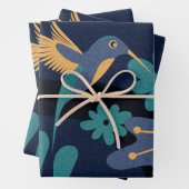 goud, blauw en turquoise kolibrie inpakpapier vel (In situ)