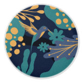 goud, blauw en turquoise kolibrie keramische knop (Voorkant)