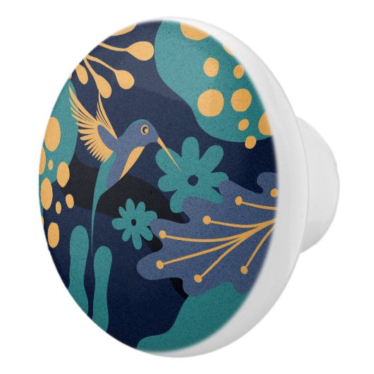 goud, blauw en turquoise kolibrie keramische knop (Rechts)