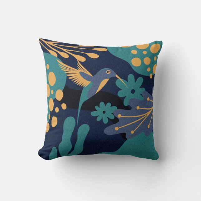  goud, blauw en turquoise kolibrie kussen (Voorkant)