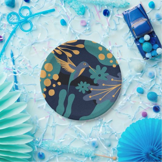goud, blauw en turquoise kolibrie papieren bordje (Feest)