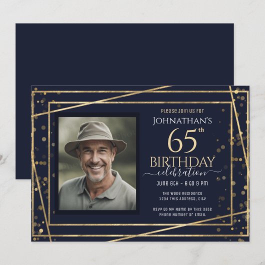 Goud Blauw Foto 65e Verjaardagsfeestje Kaart (Voorkant / Achterkant)