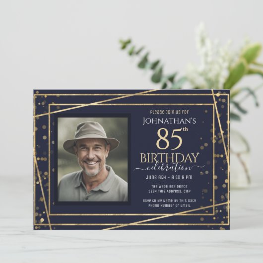 Goud Blauw Foto 85e Verjaardagsfeestje Kaart (Staand voorkant)