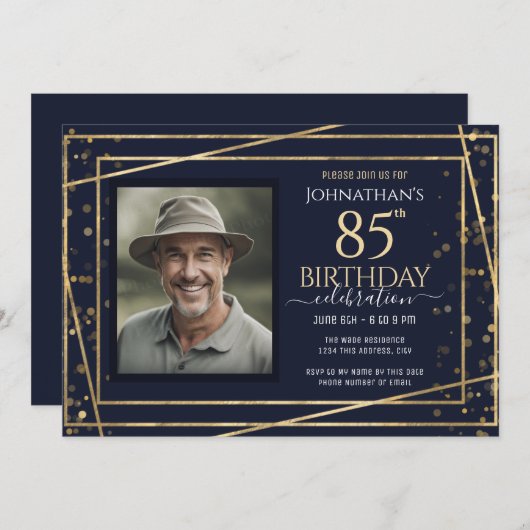 Goud Blauw Foto 85e Verjaardagsfeestje Kaart (Voorkant / Achterkant)