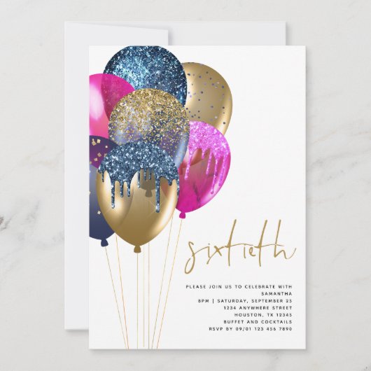Goud Blauw Fuchsia Glitter Ballonnen 60e Verjaarda Kaart (Voorkant)