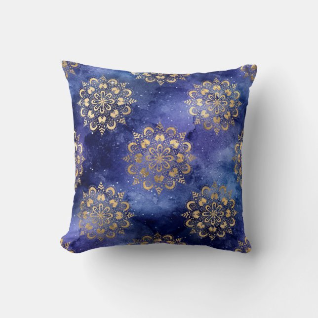 Goud & Blauw Galaxy Dharma Mandala Patroon Kussen (Voorkant)