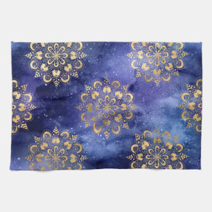 Goud & Blauw Galaxy Dharma Mandala Patroon Theedoek